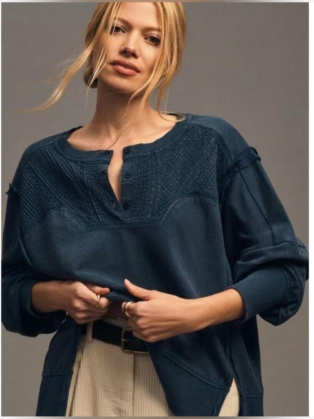 Anthropologie Pilcro Spliced Embroidered Henley Sweatshirt